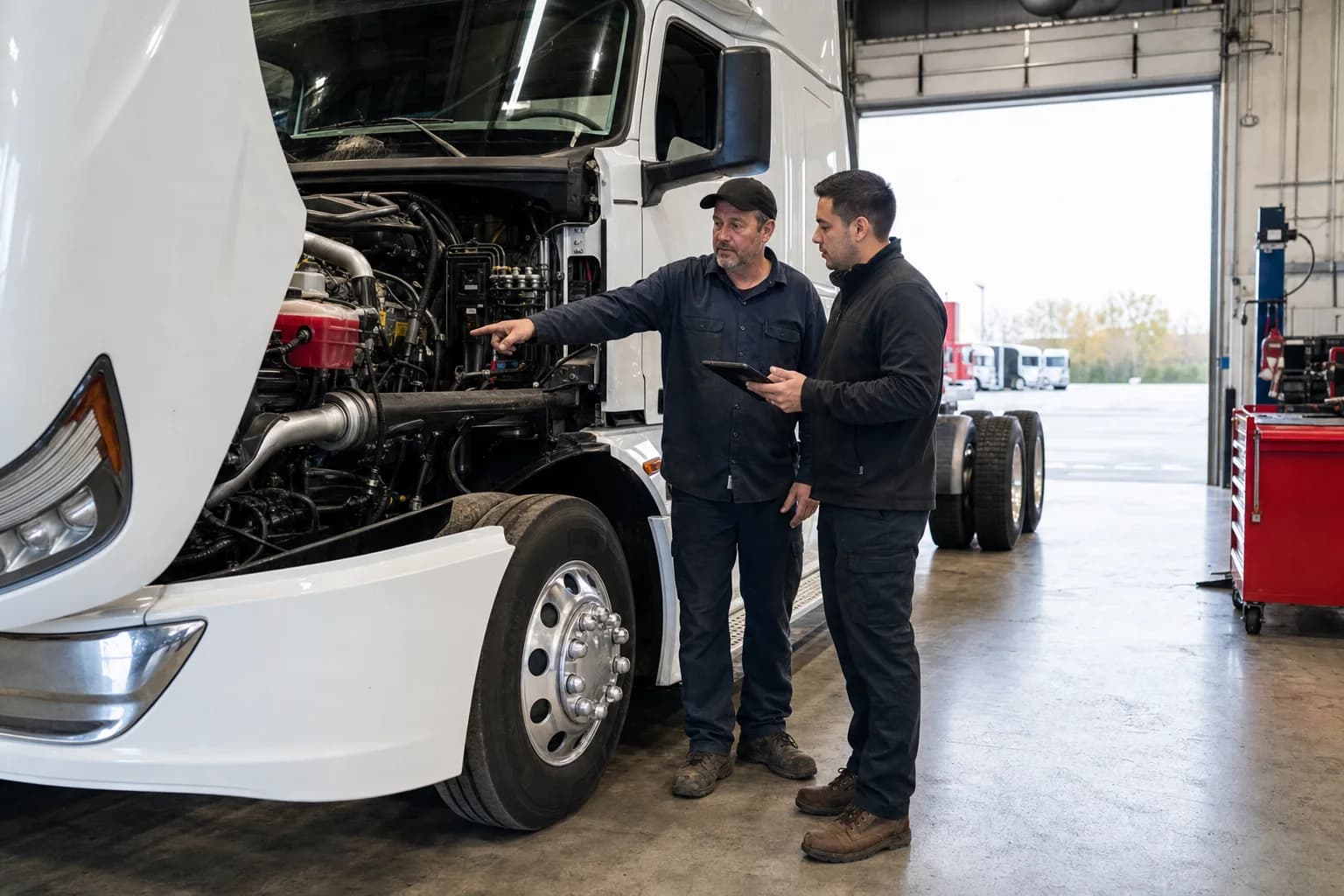 Torque Transport and Sales Minot technician and buyer inspecting a truck engine